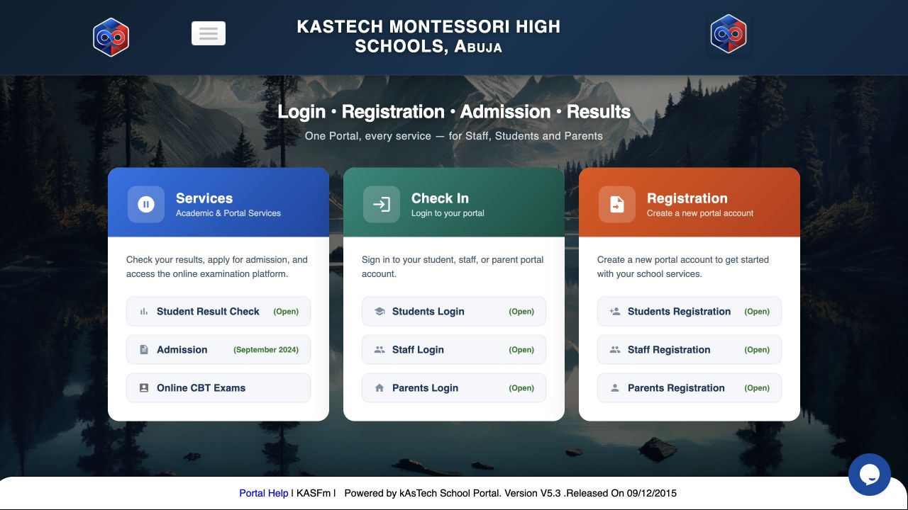 Public school portal with service, sign-in and registration options.