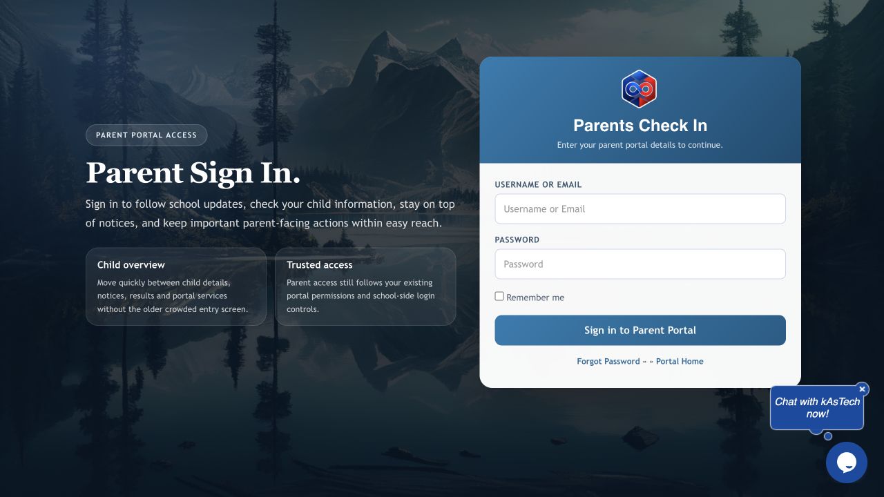 Parent portal sign-in screen with empty credential fields.